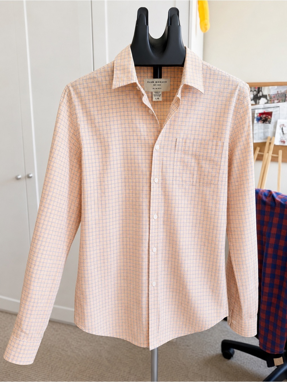 Club Monaco Men’s Peach Windowpane Dress Shirt - Size L - Slim Fit, regular - M